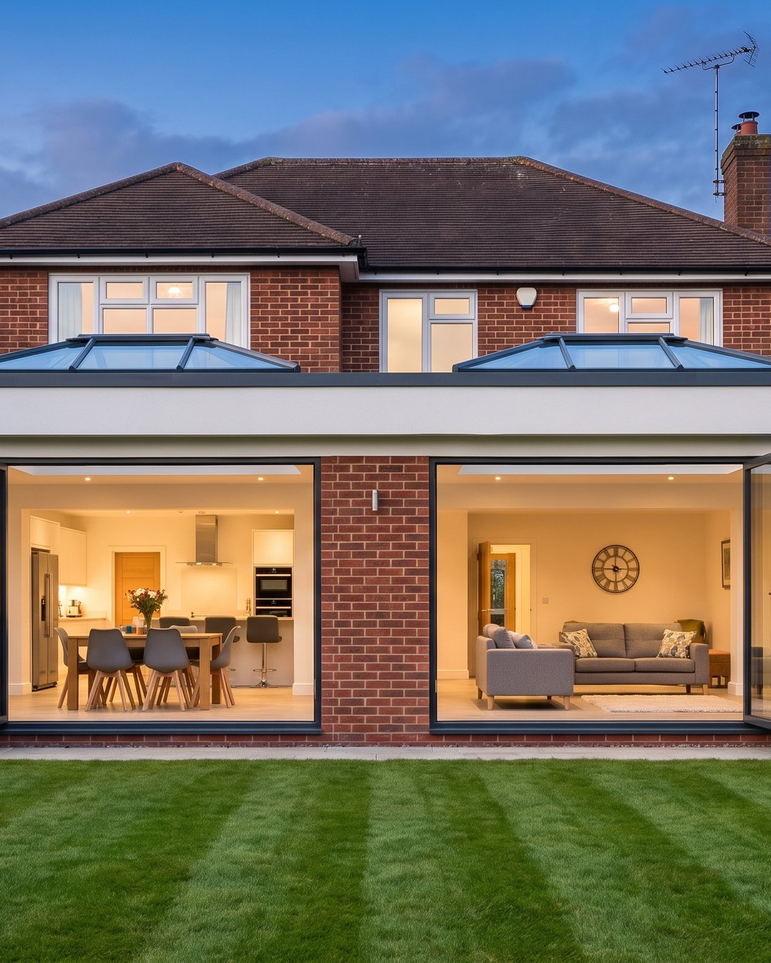 Rear extension lit from inside at dusk looking out onto the garden after a house renovation