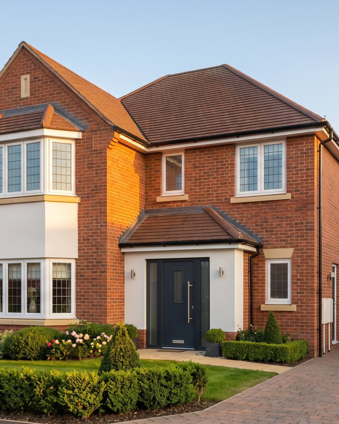 Red-brick family home photographed at golden hour after building work