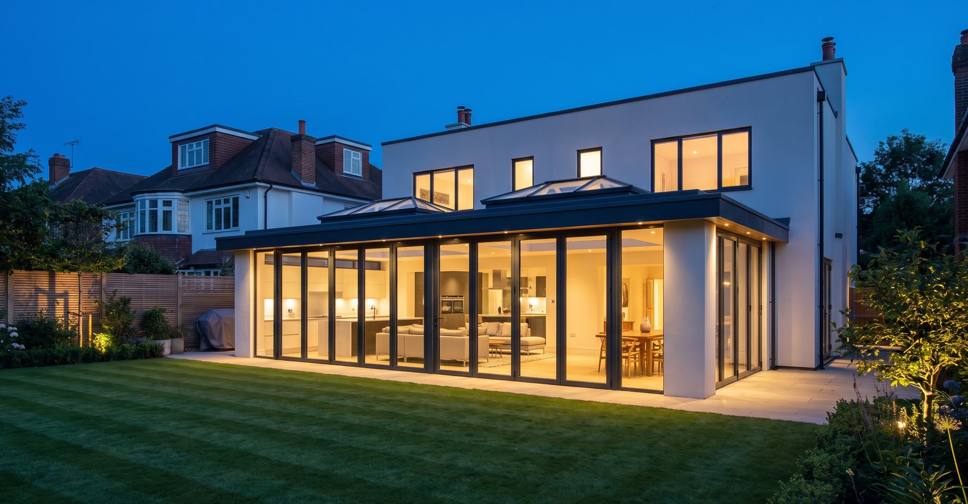 Glazed rear extension lit from inside at blue hour