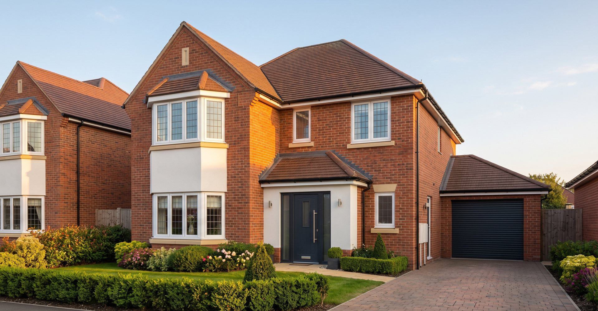 Finished red-brick detached family home built by Rockshore Building Group, photographed at golden hour