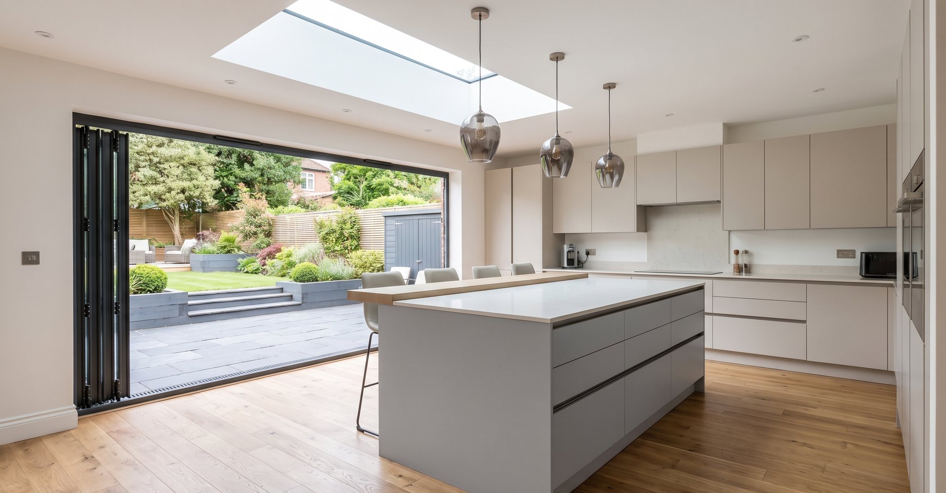Bright open-plan kitchen extension with an island and bi-fold doors onto the garden