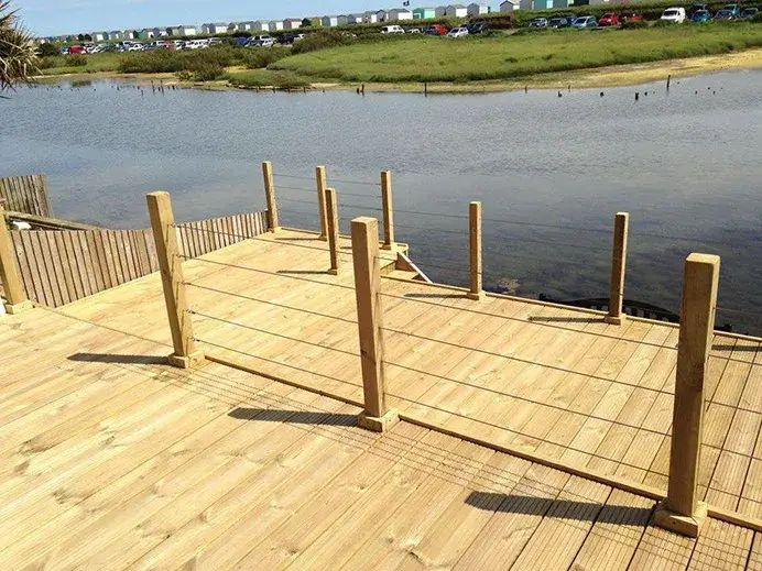 Timber deck built beside water with an open outlook