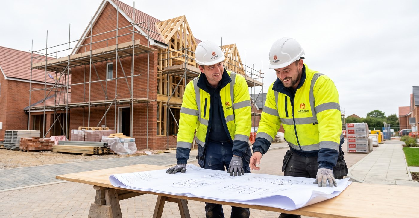 Two builders in hi-vis and hard hats checking house plans on a tidy building site