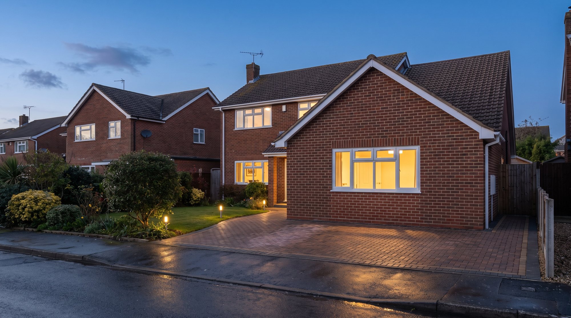 Converted garage on a detached brick house at dusk, the old garage opening infilled with matching brick and a new window, warm light inside