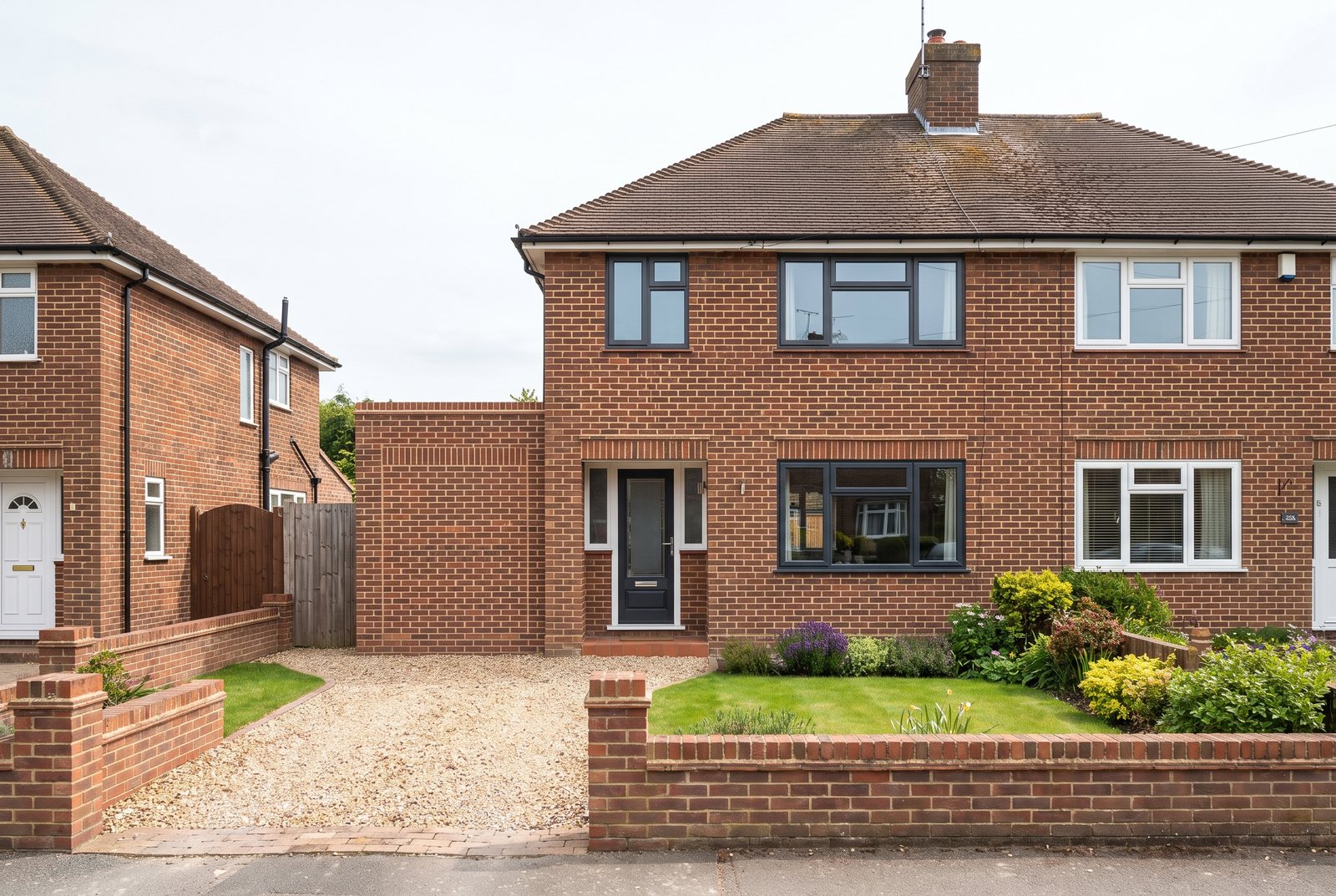 Bricked up garage on a 1930s semi with matched brickwork and a gravel drive, finished and tidy