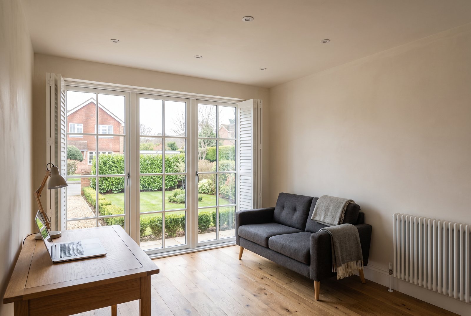 Finished garage conversion used as a home office, wide windows with white shutters where the garage door used to be