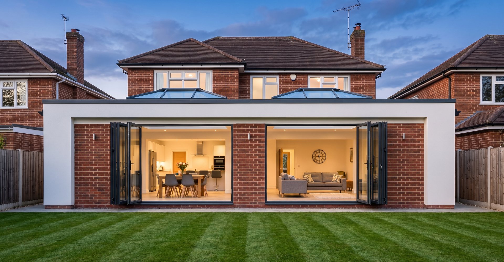 Finished single storey rear extension with grey render and aluminium windows looking onto a lawn