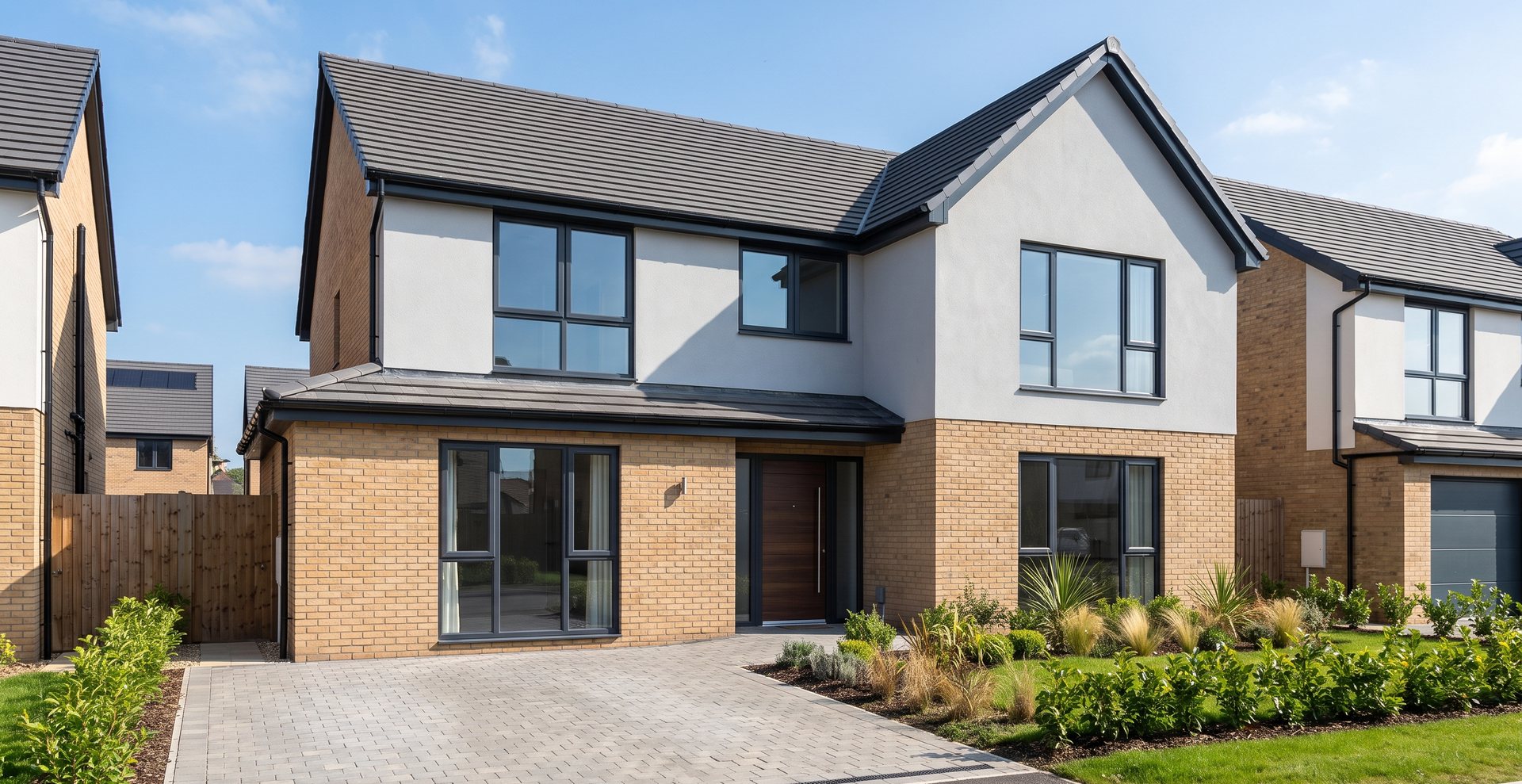 Detached new-build house nearing completion behind Rockshore site hoarding