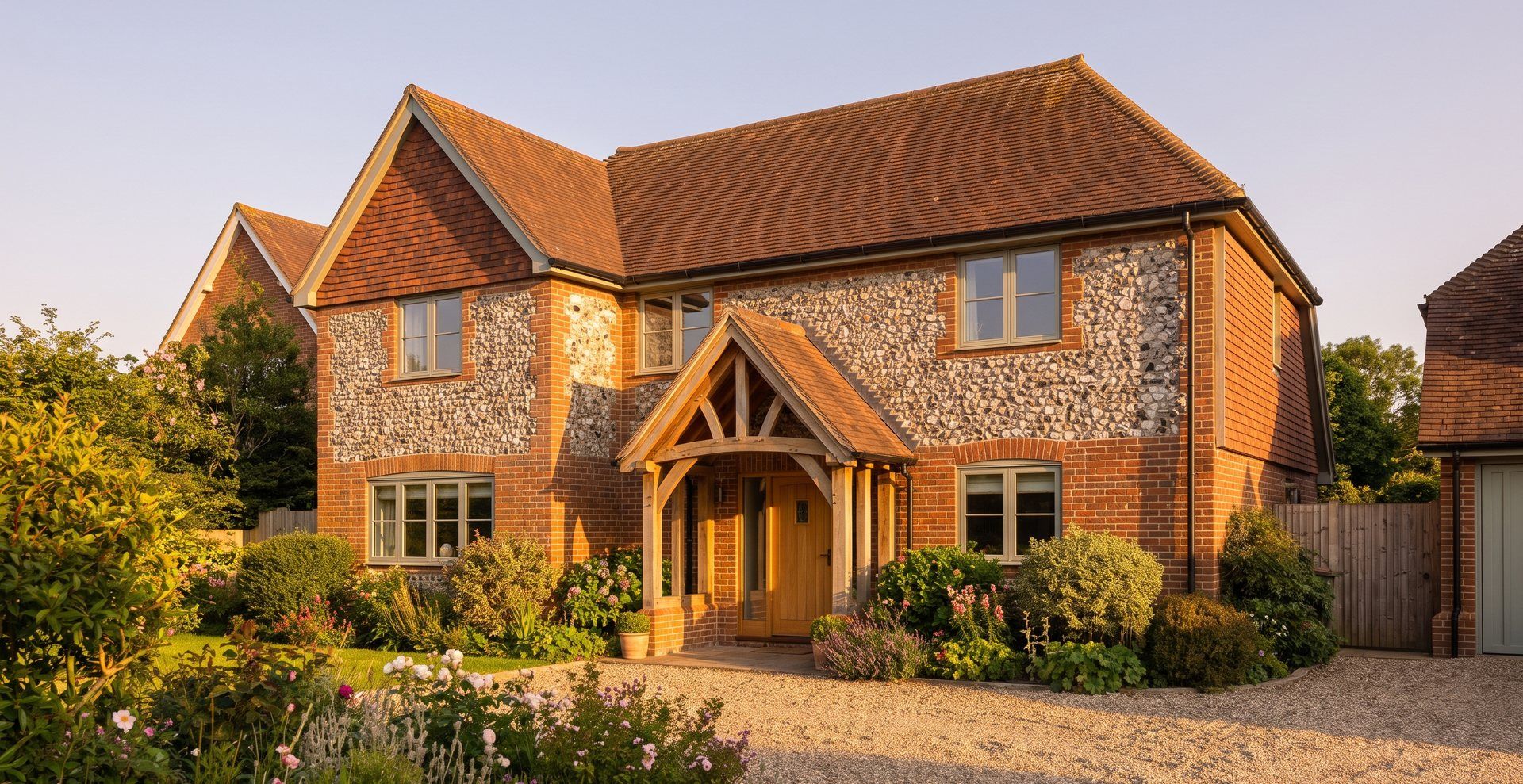 Oak-framed porch on a brick-and-flint period house lit by golden hour sunlight