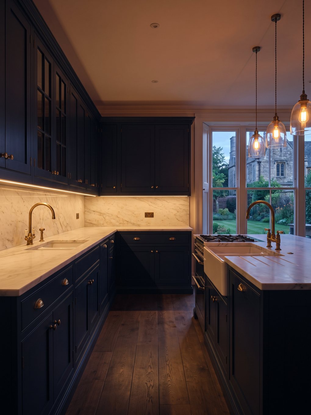 Navy fitted kitchen photographed at dusk with warm lighting after a home renovation