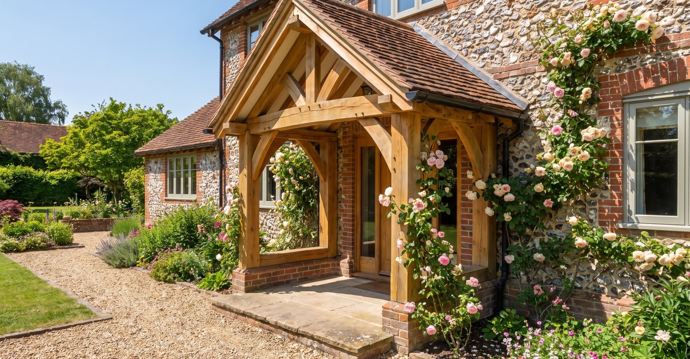Finished green-oak framed porch on a brick and flint house with climbing roses