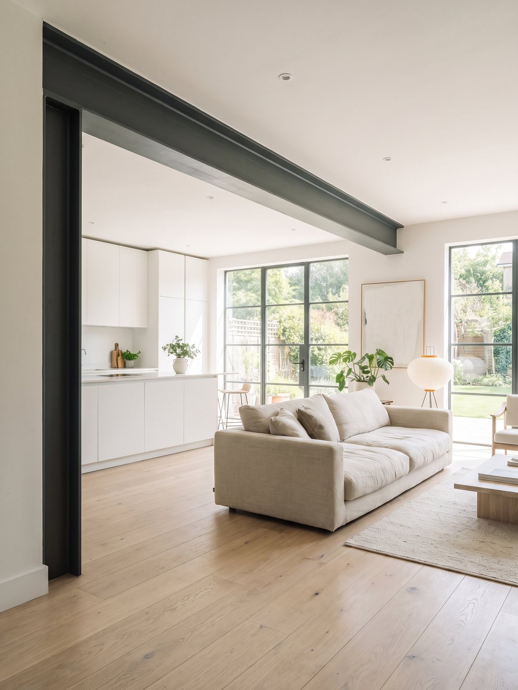 Large steel-framed apex gable window seen from inside a finished loft room